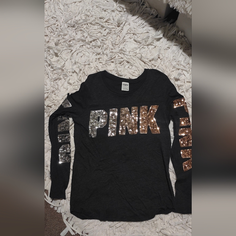 PINK Victoria's Secret Glitter Logo Long Sleeve Tee